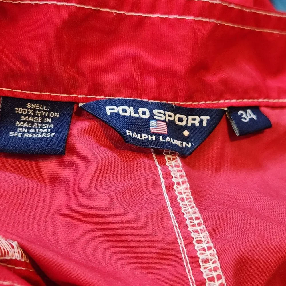 Vintage 90s Polo Sport Mens 34 Ralph Lauren Board Shorts Red Spellout Nylon Surf